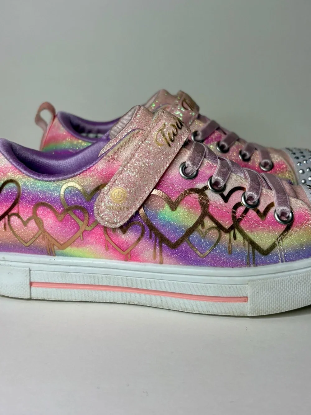 Skechers Twinkle Toes Girls Size 1 Rainbow Heart Glitter Light Up Sneakers